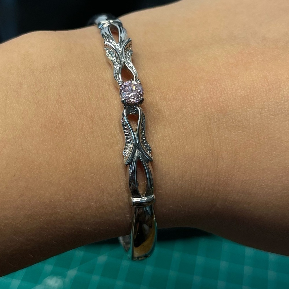 Silver tone pink cz bangle bracelet